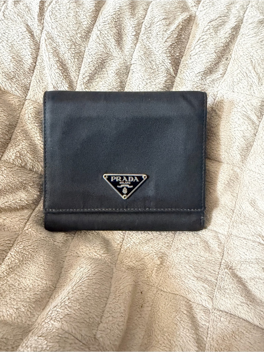 PRADA Nylon & Saffiano Leather Trifold Wallet with Classic Triangle Prada Logo